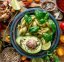 Vegetarian food. pasta with pesto sauce and vegetables